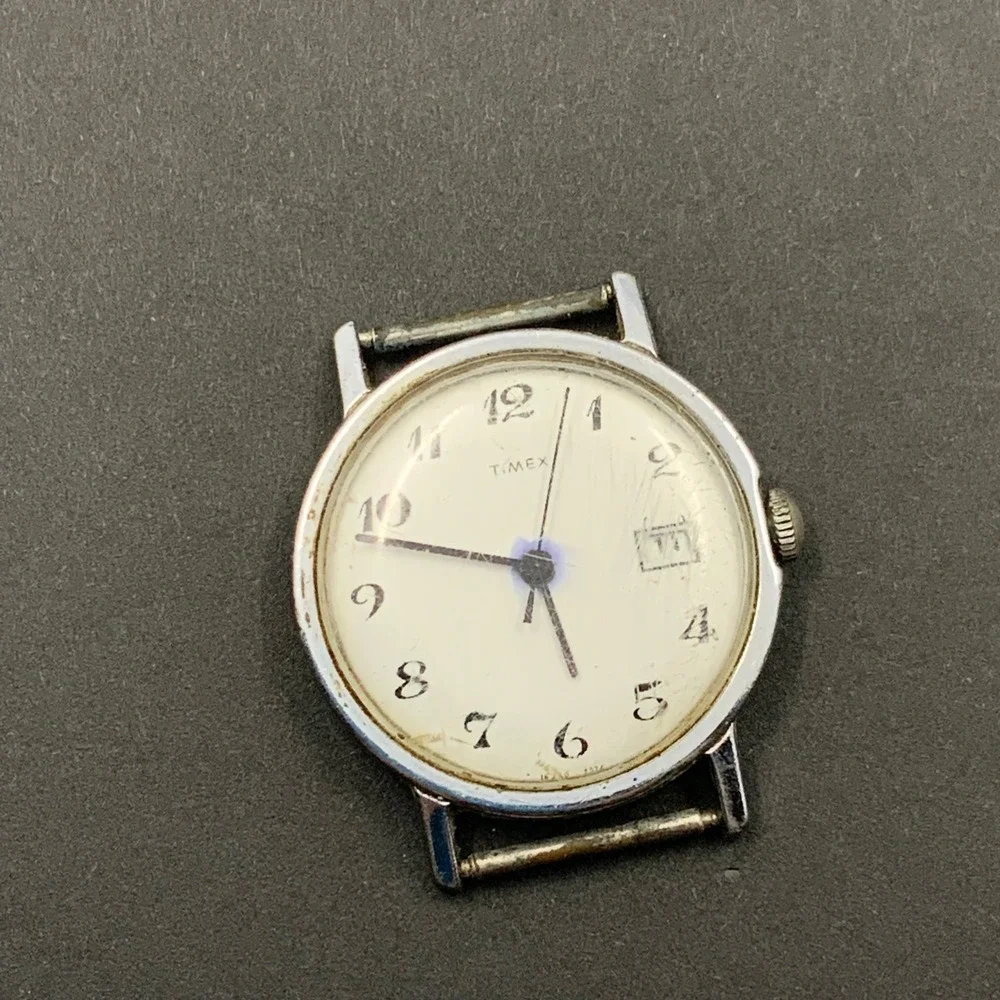 Vintage Timex Manual Wind Watch Date Dial Parts Repair Project Chrome Silver
